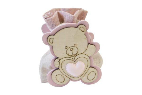 Contenant dragées baptême - Ourson en bois - Rose
