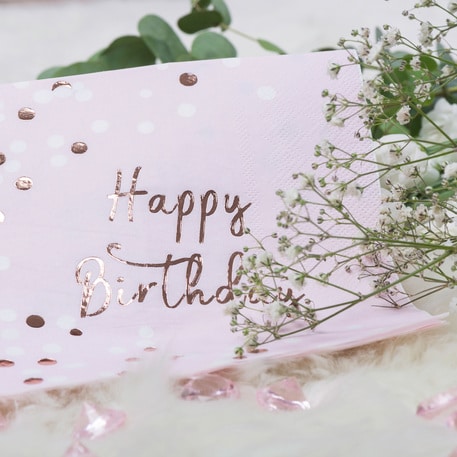 Serviette anniversaire rose gold Happy birthday confettis