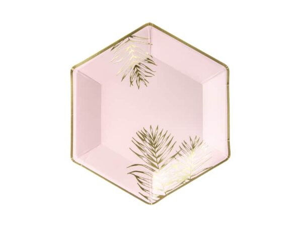 assiette hexagonale rose feuiiles or