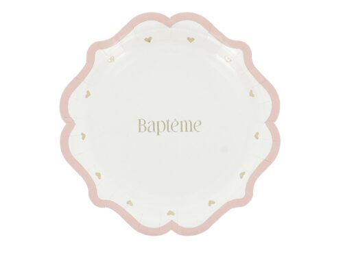 assiette bapteme rose blanc et or
