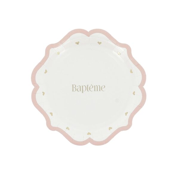 assiette bapteme rose blanc et or