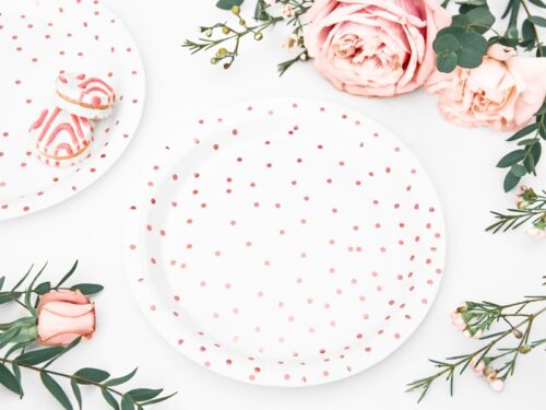 assiette rose gold et blanc à pois