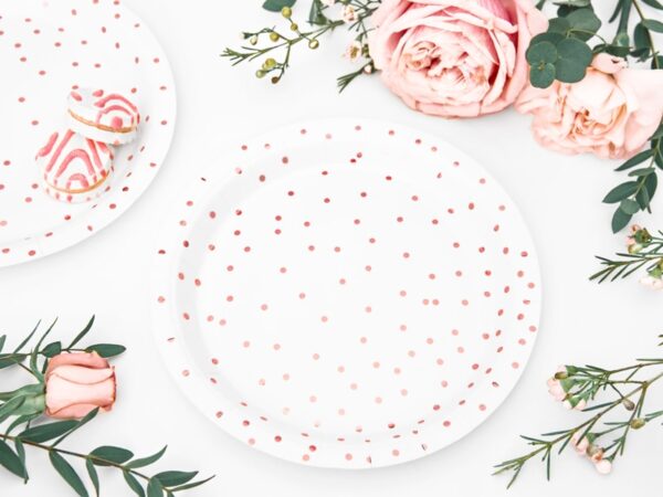 assiette rose gold et blanc à pois