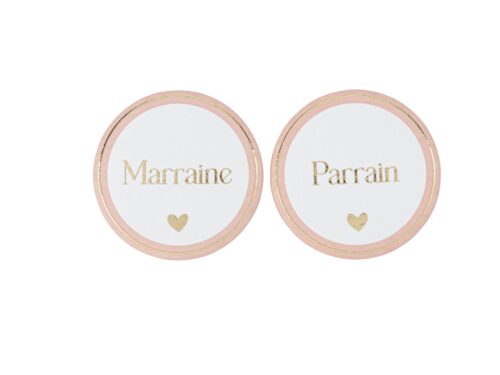 badge bapteme parrain marraine rose blanc et or