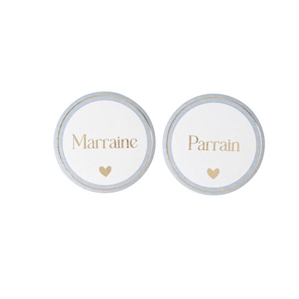 badge parrain marraine bleu blanc et or