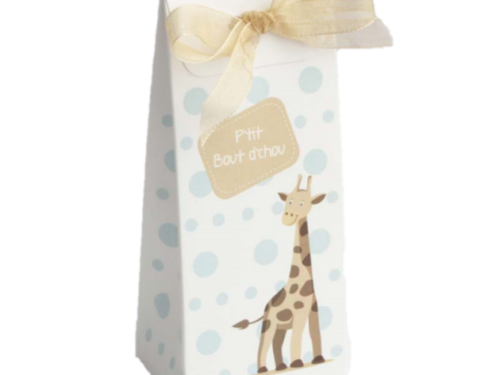 Boite à dragées girafe et pois bleu "p'tit bout d'chou"