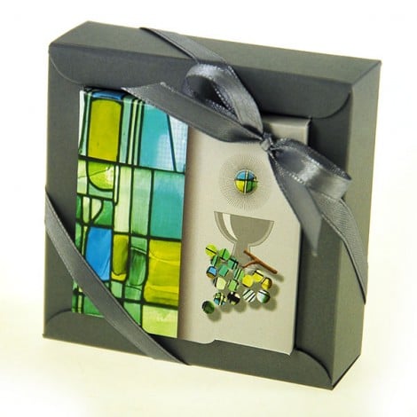 Boite à dragées Communion - Carré - Gris / Vert Motif Vitrail - Lot de 2