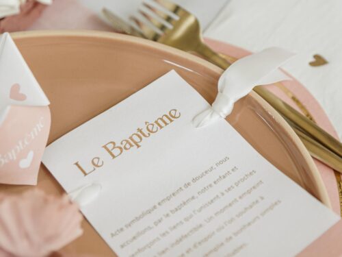 carte bapteme rose blanc or