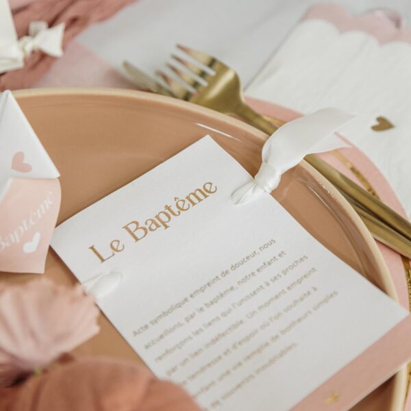 carte bapteme rose blanc or