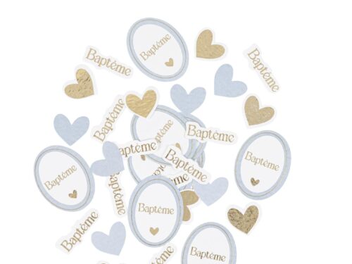 confettis baptême bleu blanc et or