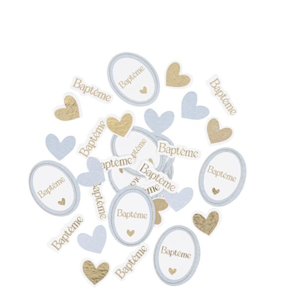 confettis baptême bleu blanc et or