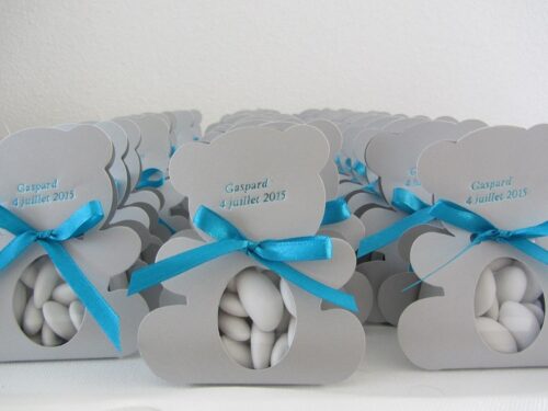 dragées bapteme garcon dragees ourson dragees gris et turquoise (8) Forfait Impression dorure à chaud : Boite à dragées ourson