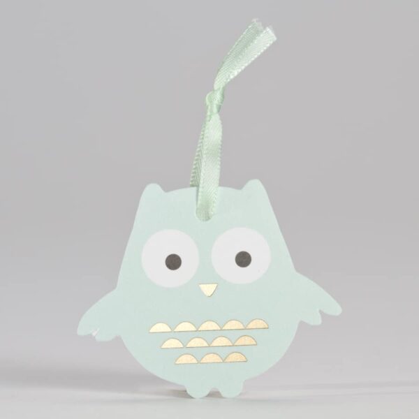 étiquette hibou vert d'eau et or