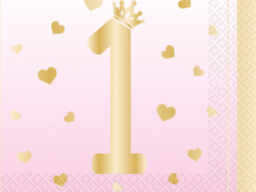 serviette 1 an rose coeur or