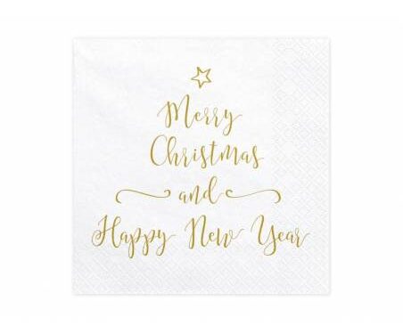 Serviettes papier Merry Christmas - Blanc/Or - Lot de 20